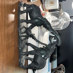 Handcrafted Soapstone Black  Mother , Father and Baby Elephants , w/ White Tusks